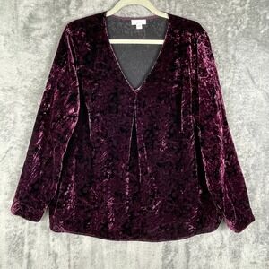 J. Jill Velvet Burnout Blouse Women L Purple Excellent V-Neck Floral Long Sleeve